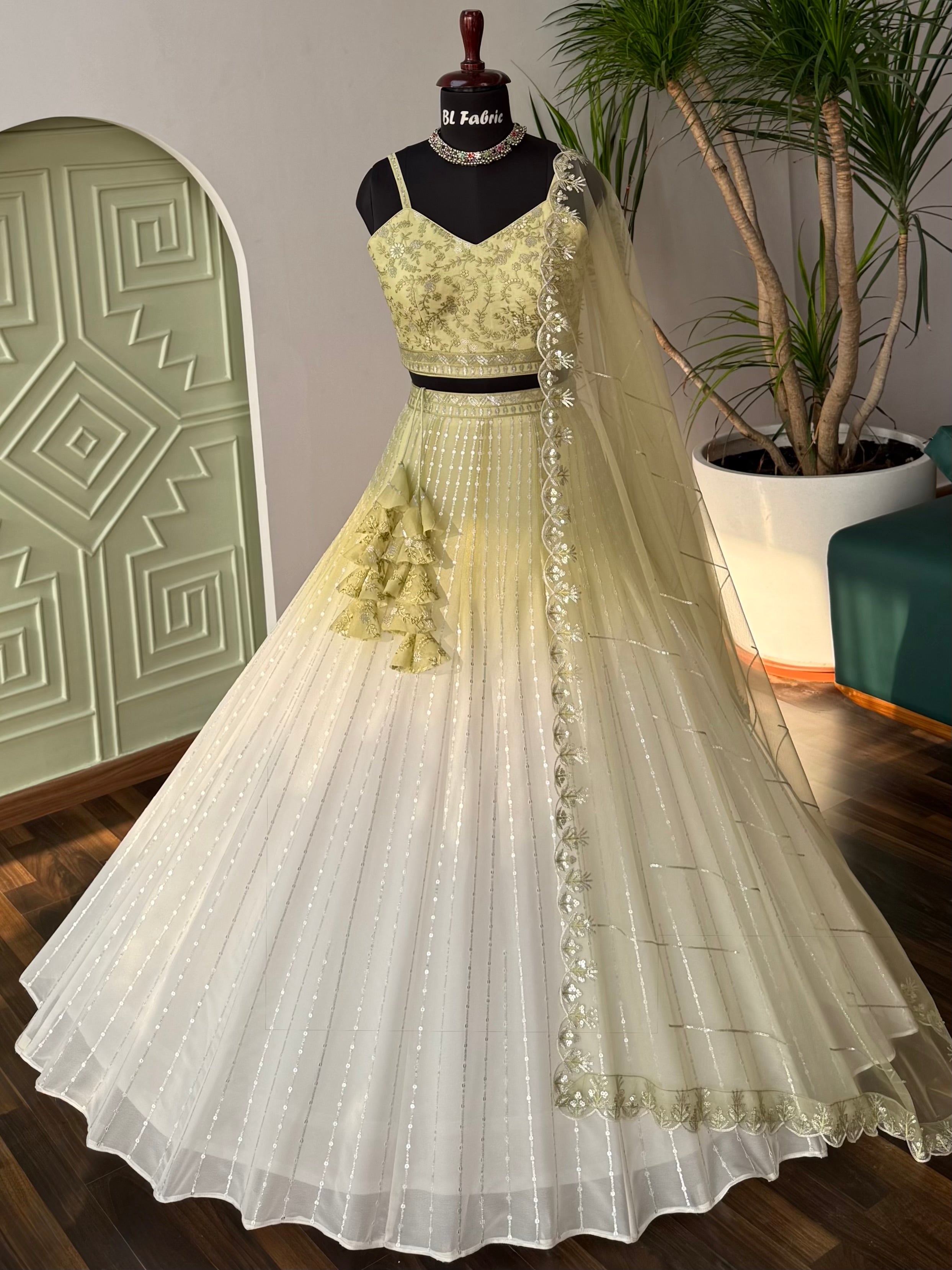 Shadding White Green color Sequence Embroidery work Designer Lehenga C ...