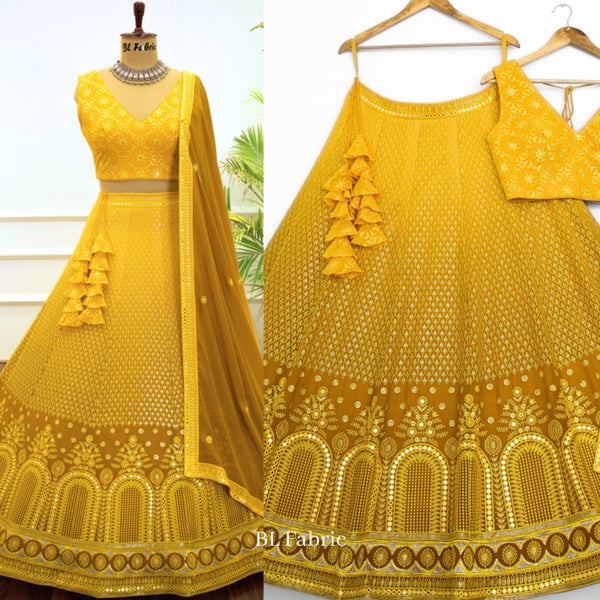 Shadding Yellow color Mirror & Sequence Embroidery work Designer Lehenga Choli for Wedding & Haldi Function BL1383