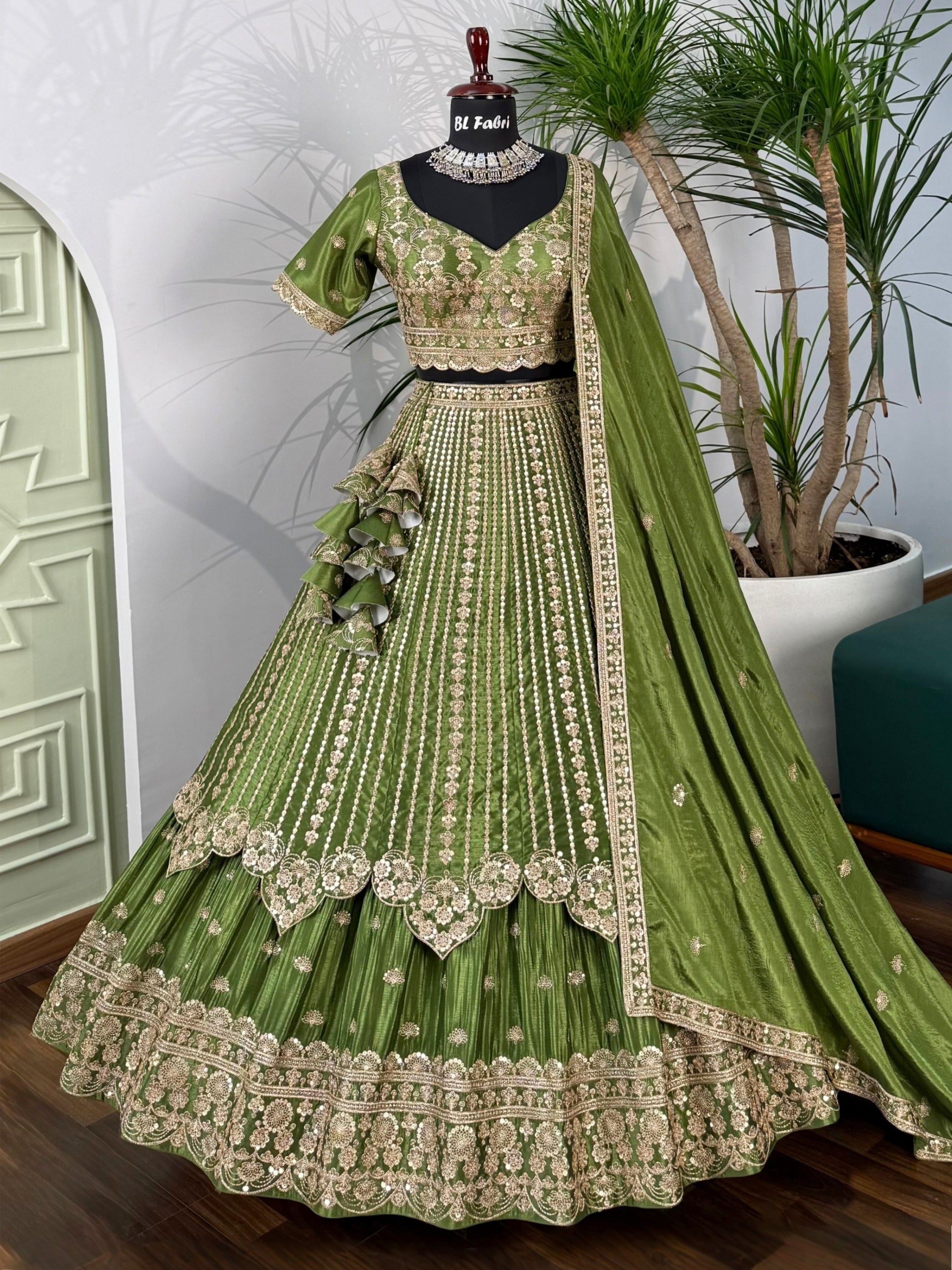 Parrot Green color Sequence Embroidery work Designer Lehenga Choli BL1 ...