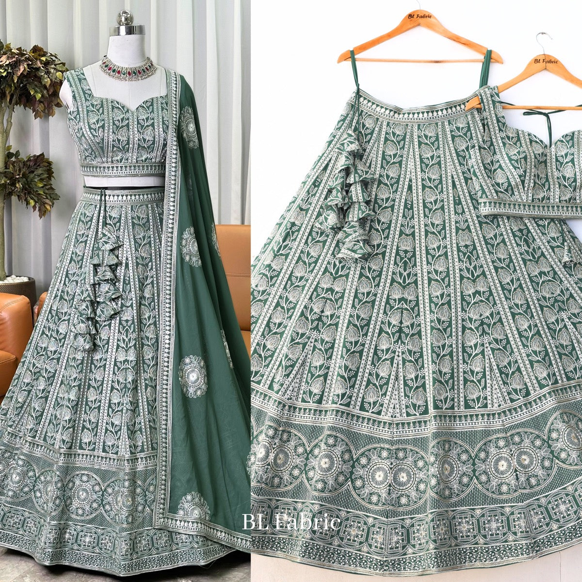 Mid Green color Sequence & Thread Embroidery work Designer Wedding Leh – BL  Fabric