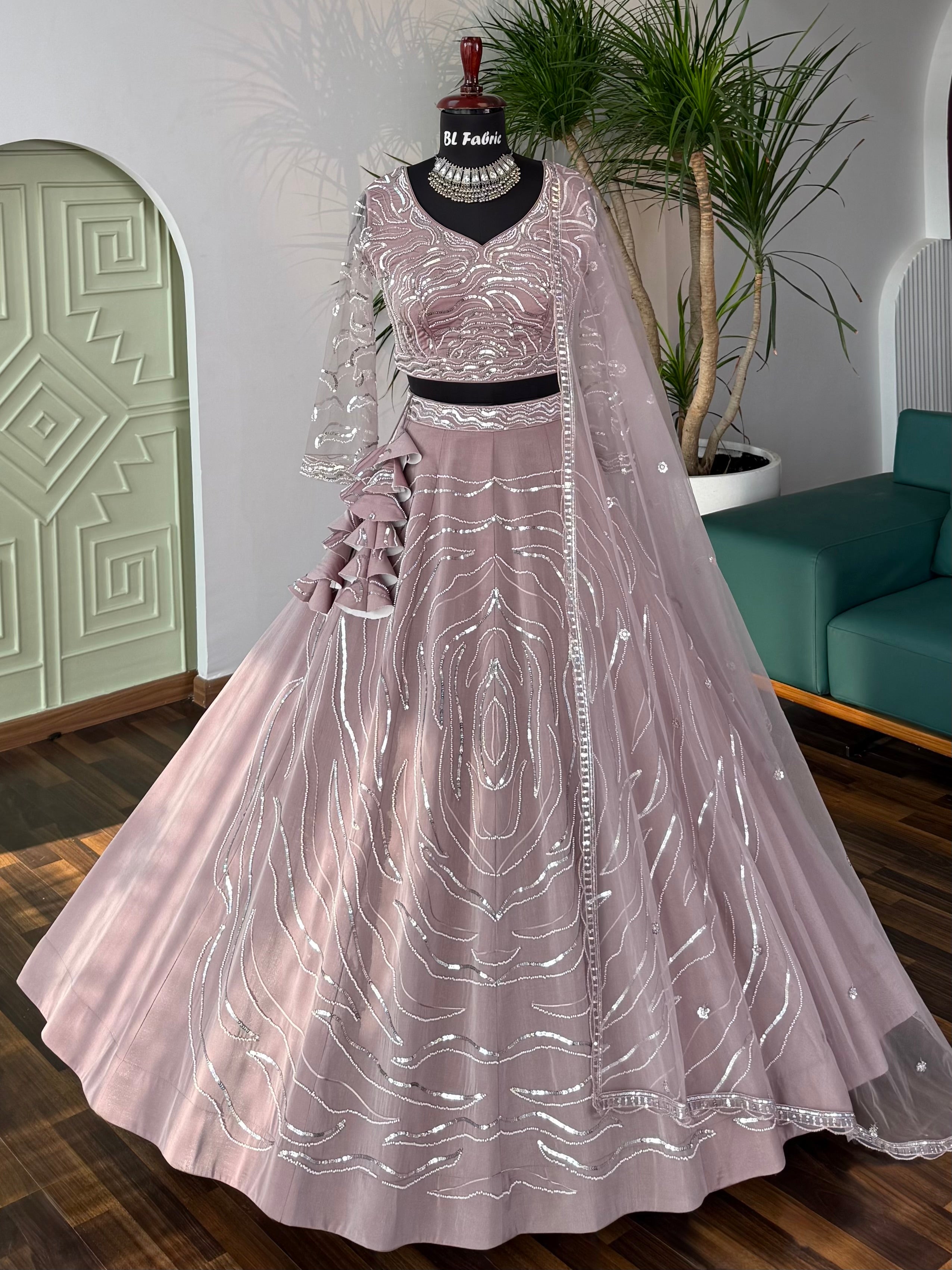 BL Fabric Pastel Peach color Designer Bids Embroidery Lehenga choli