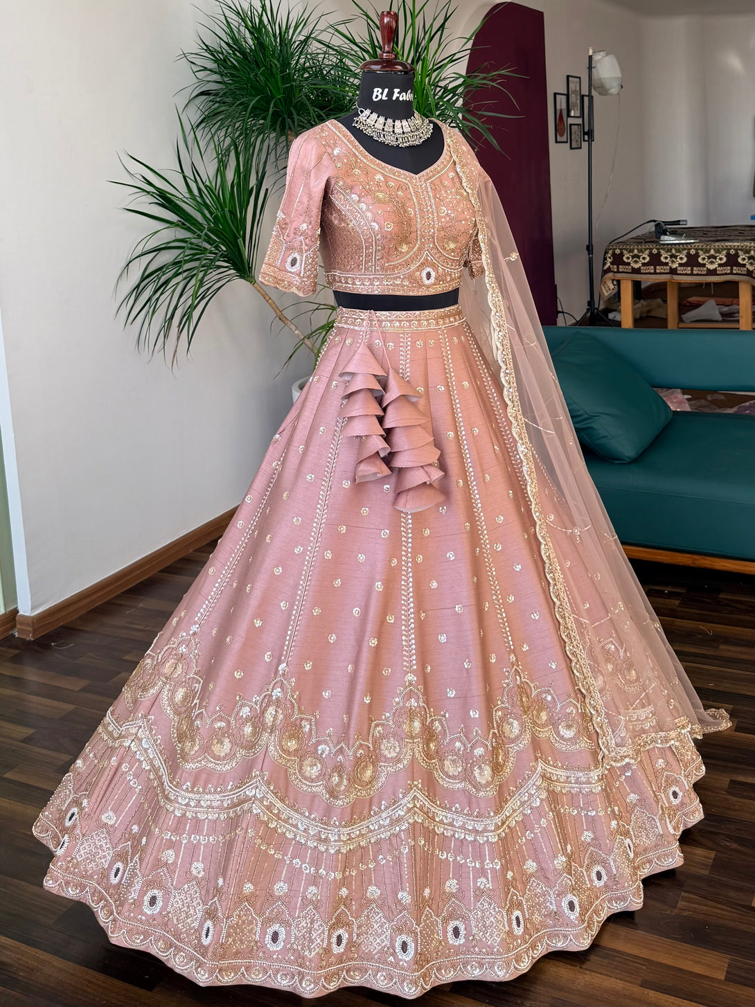 BL Fabric Pastel Peach color Designer Bids Embroidery Lehenga choli