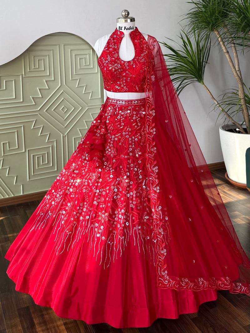 open lace back dress Red Chanderi Zari Weaving Silk Lehenga Choli For Wedding Unstitched main image 0