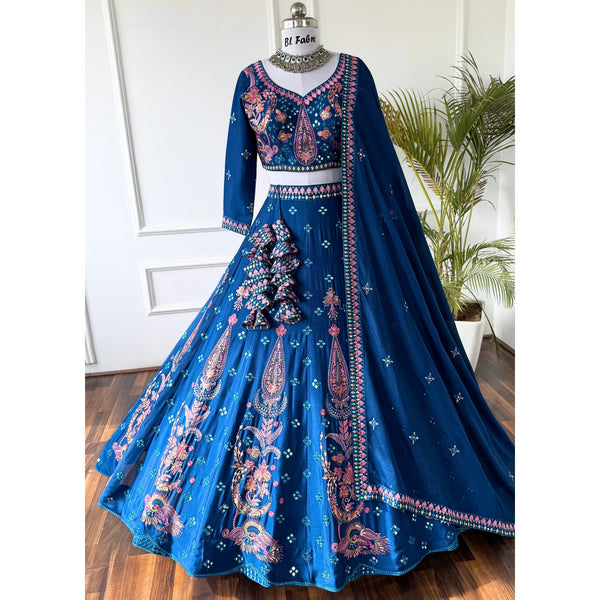 Firozi color Mirror & Sequence Embroidery work Designer Lehenga Choli BL1549