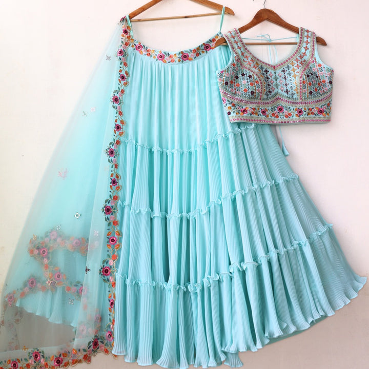 Skyblue color Mirror Embroidery & Crush work Ruffle Style Lehenga Choli for any function BL1256