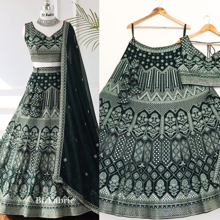 Green color Mirror Embroidery & Sequence work Lehenga Choli for Wedding Function BL1371 4