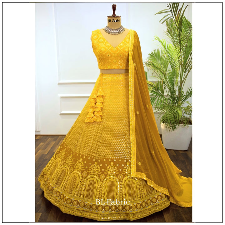 Shadding Yellow color Mirror & Sequence Embroidery work Designer Lehenga Choli for Wedding & Haldi Function BL1383 1