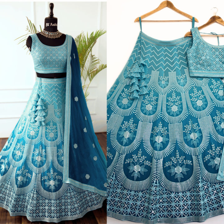 Shadding Skyblue color Sequence Embroidery work Designer Lehenga Choli for Wedding Function BL1390