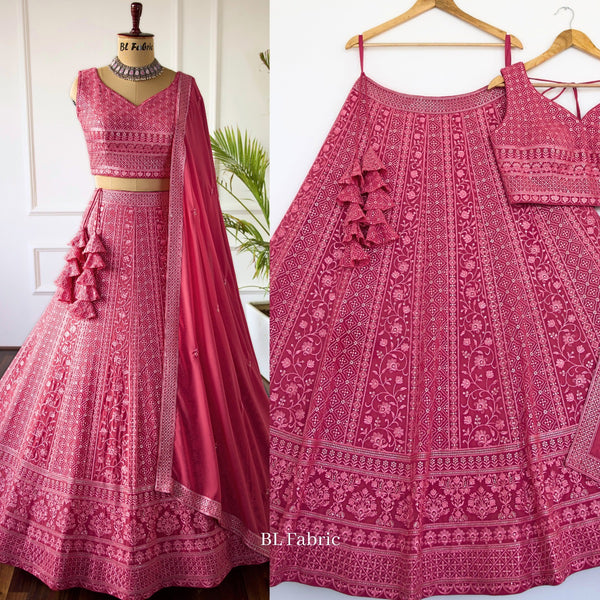 Rosy Peach color Sequence & Thread Embroidery work Designer Lehenga Choli for Wedding Function BL1396