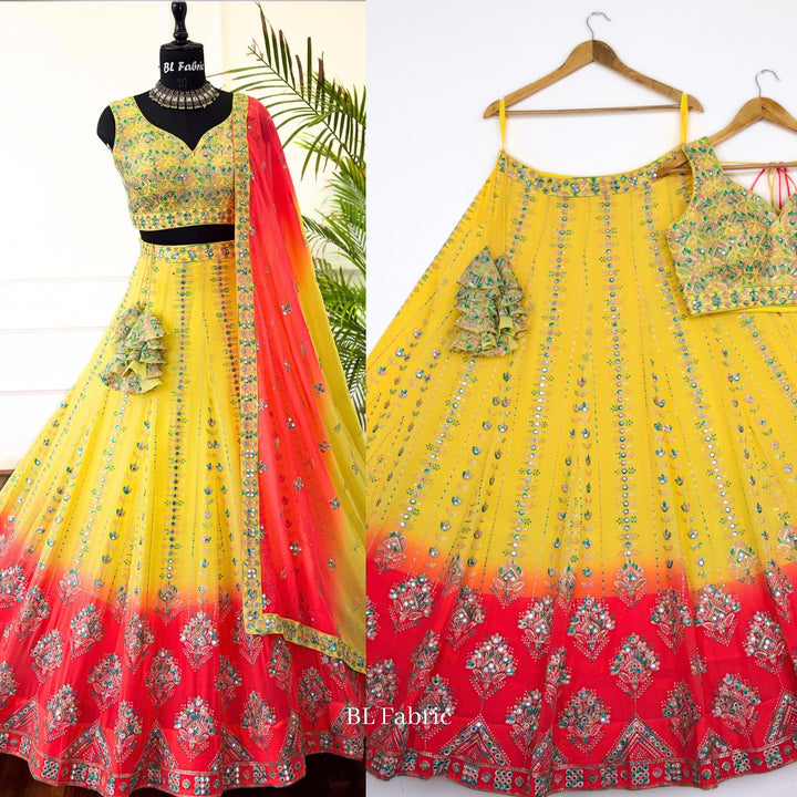 Shadding Yellow Pink color Mirror Sequence Embroidery work Designer Lehenga Choli for Wedding Function BL1424