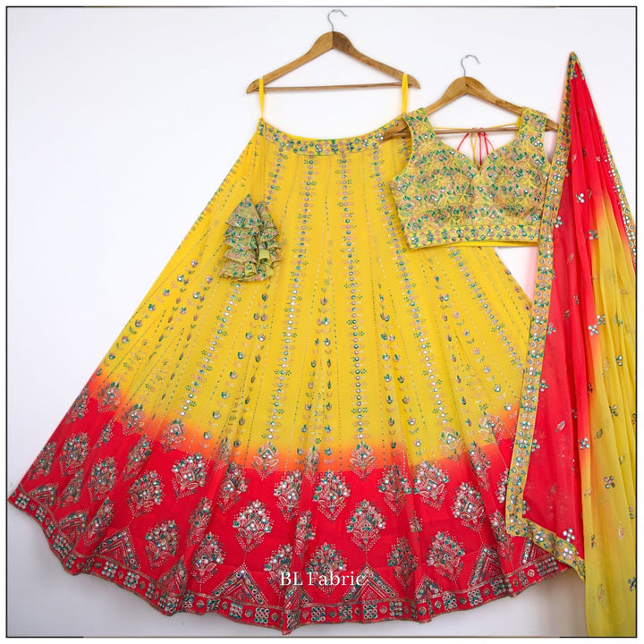 Shadding Yellow Pink color Mirror Sequence Embroidery work Designer Lehenga Choli for Wedding Function BL1424 4