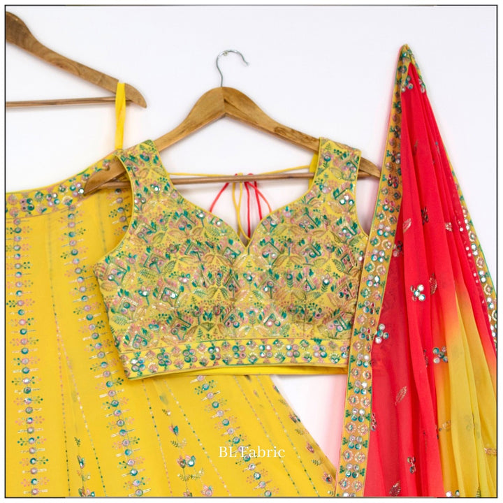 Shadding Yellow Pink color Mirror Sequence Embroidery work Designer Lehenga Choli for Wedding Function BL1424 5