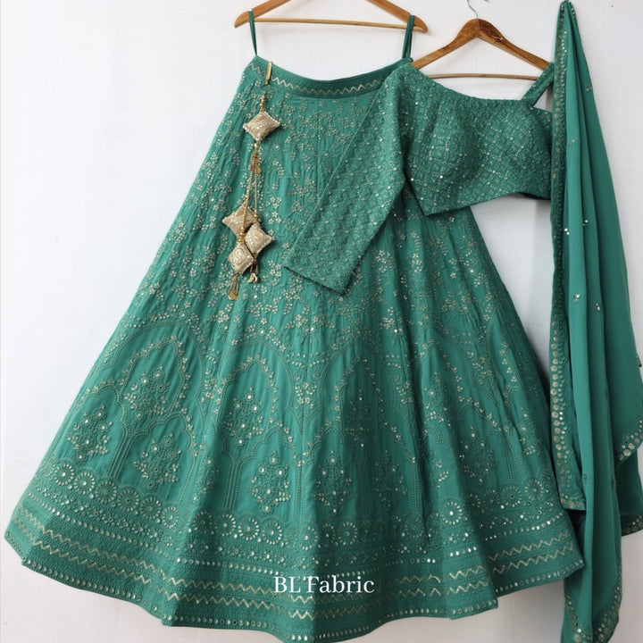 Mid Green color Mirror & Embroidery work Designer Lehenga Choli for Wedding Function BL1237