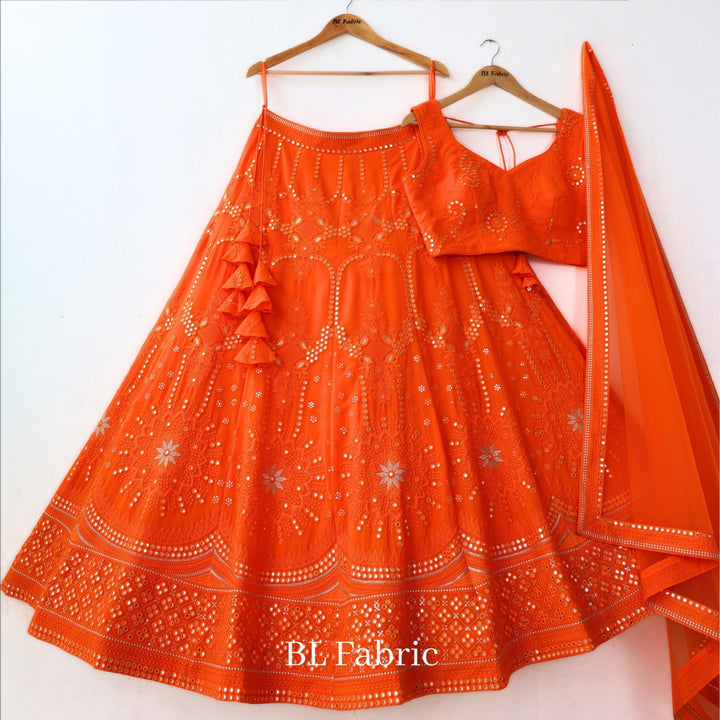 Orange color Mirror & Sequence Embroidery work Designer Wedding Lehenga Choli BL1266 