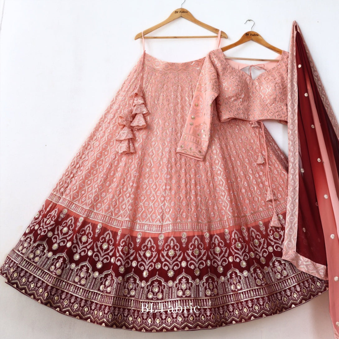 Peach Maroon Shading color Sequence Thread work Designer Wedding