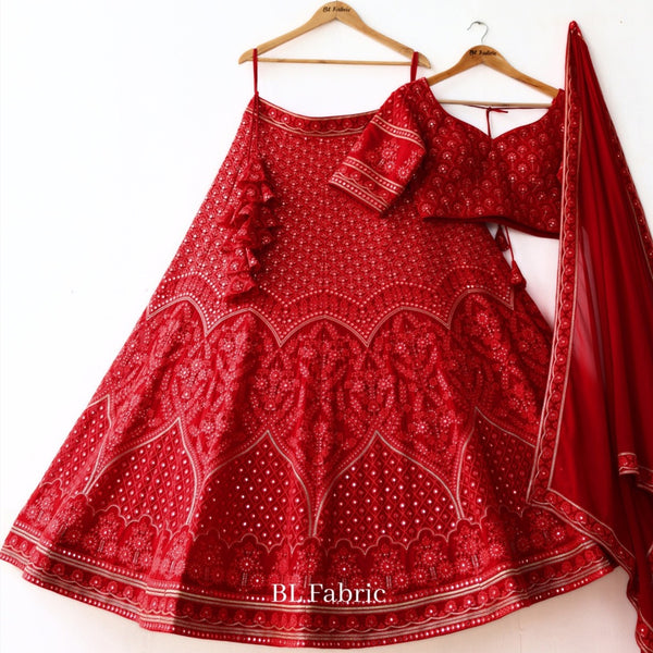 Red color Mirror & Sequence Thread work Designer Wedding Lehenga Choli For Wedding Function BL1296