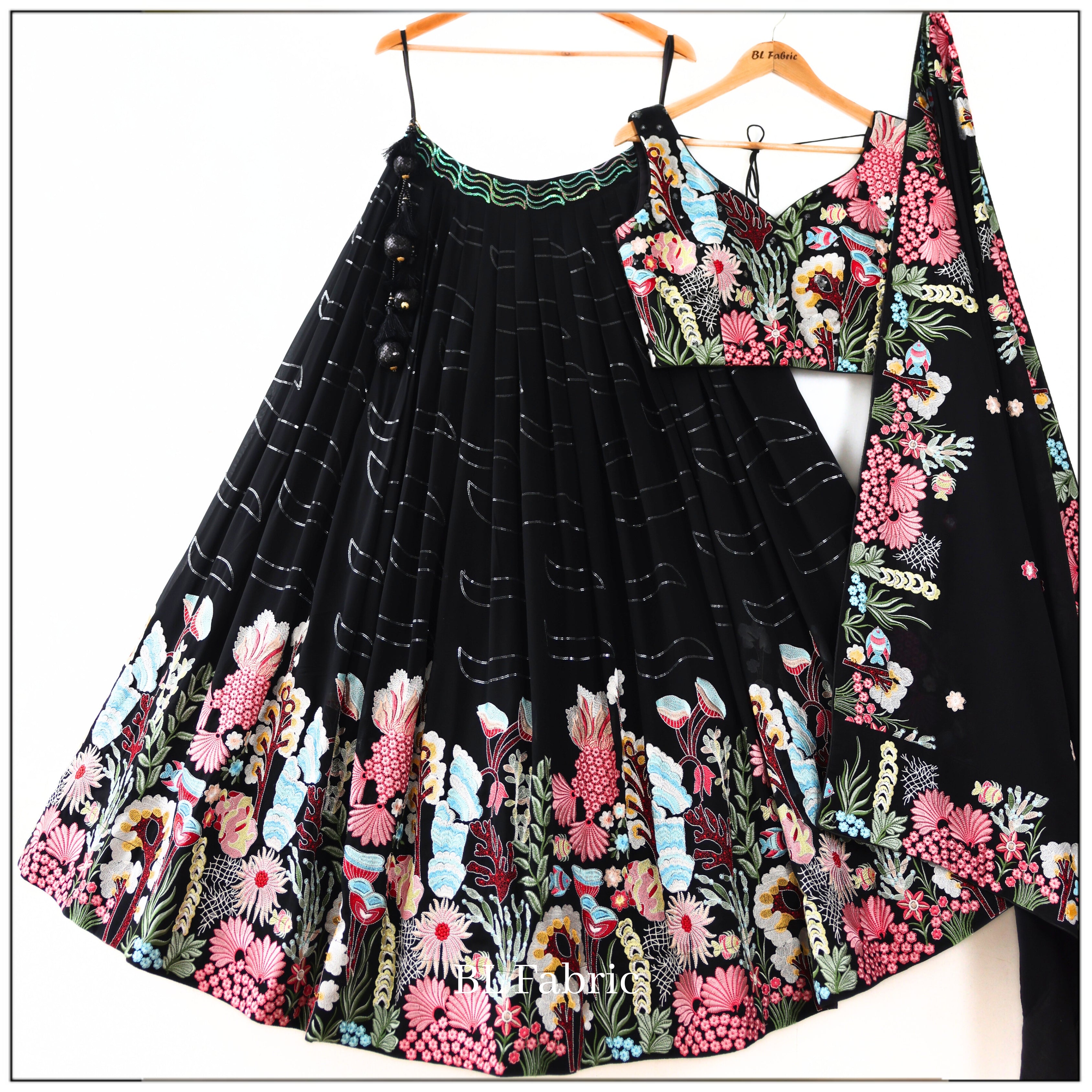 Blockprinted Festive Fusion Brown & Black Stitched Lehanga Choli Set main image 0