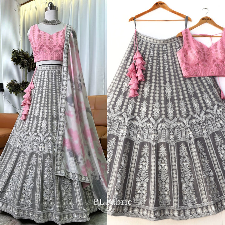 Grey Pink color Sequence & Mirror Embroidery work Designer Wedding Lehenga Choli BL1322 