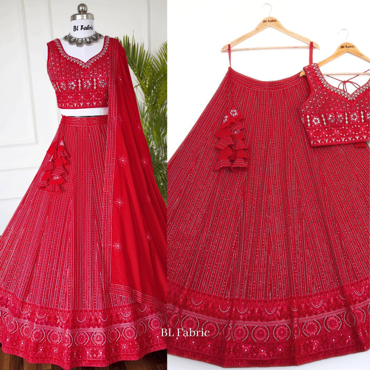 Red color Real Mirror Embroidery work Designer Lehenga Choli for Wedding Function BL1468 4