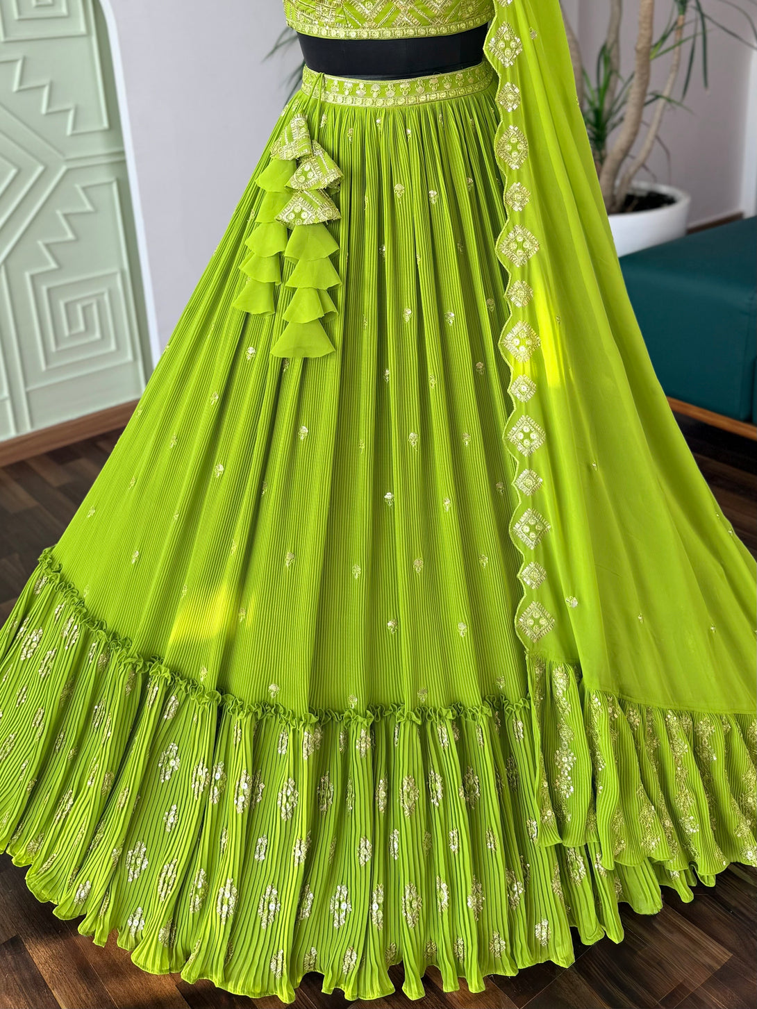 Parrot Green Crush & Embroidery work Ruffle Style women Lehenga Choli ...