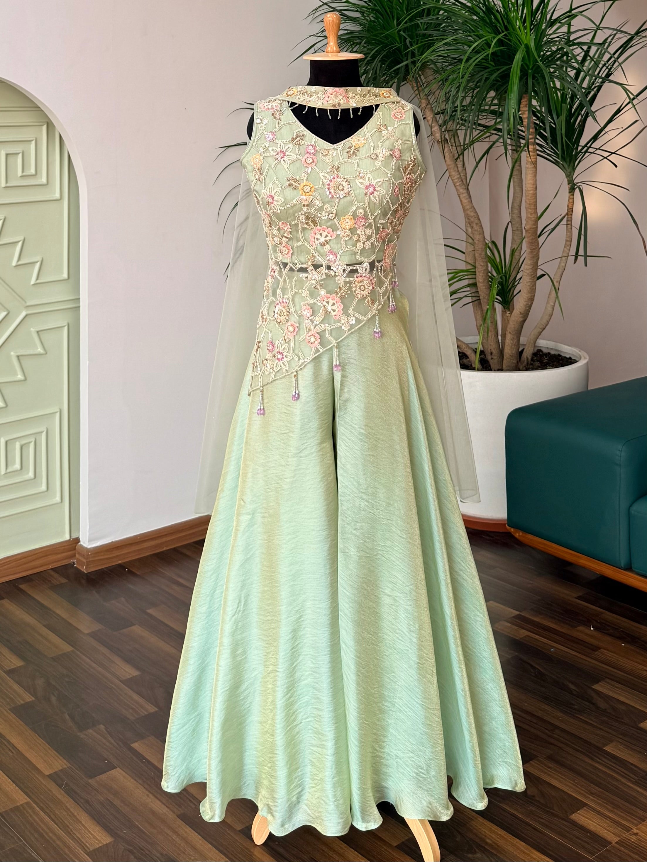 Pastel Pistachio Green color Bids Sequence Embroidery work Sharara set ...
