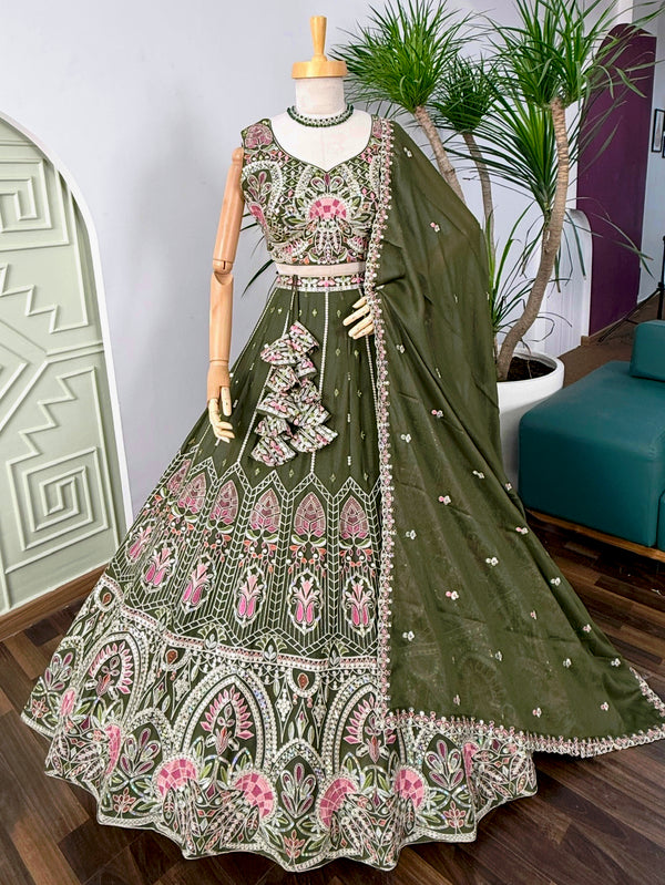 Mehendi color Real Mirror & Embroidery work Designer Lehenga Choli BL1598