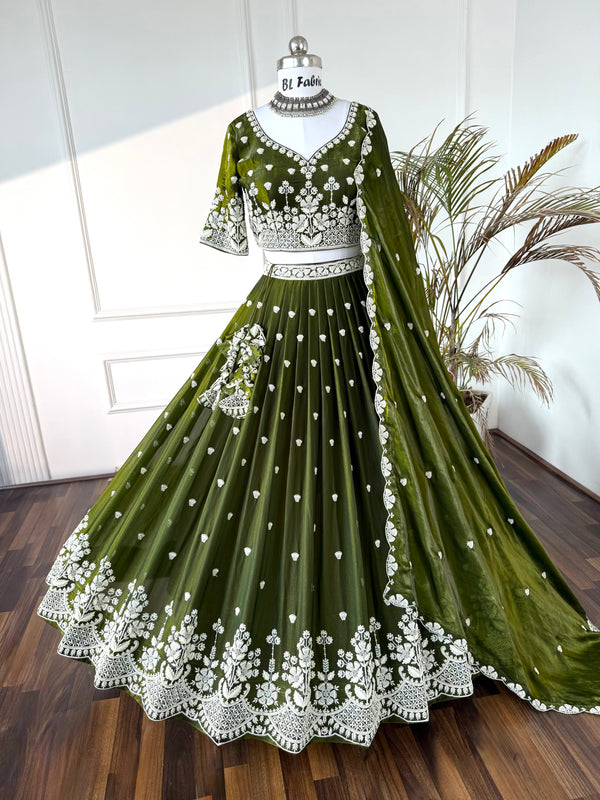 Mehendi Green color Hand Embroidery work Designer Lehenga Choli for Wedding Function BL1559