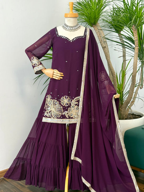 Purple color Sequence Embroidery work Sharara BL1588