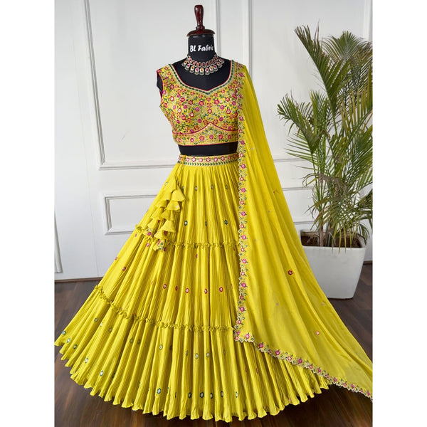 Yellow color Crush & Mirror Embroidery work Ruffle Style Lehenga Choli for any function BL1492