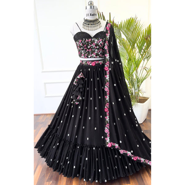 Black color Crush & Embroidery work Ruffle Style Lehenga Choli for any function BL1454