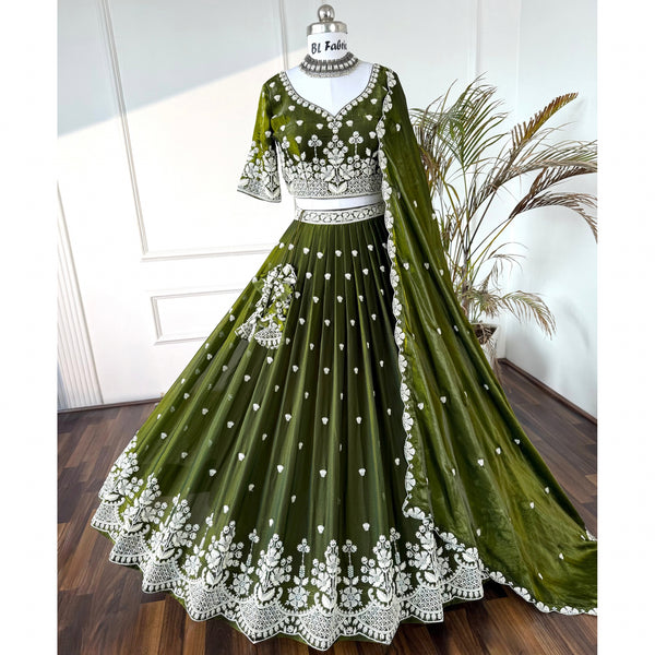 Mehendi Green color Hand Embroidery work Designer Lehenga Choli for Wedding Function BL1559