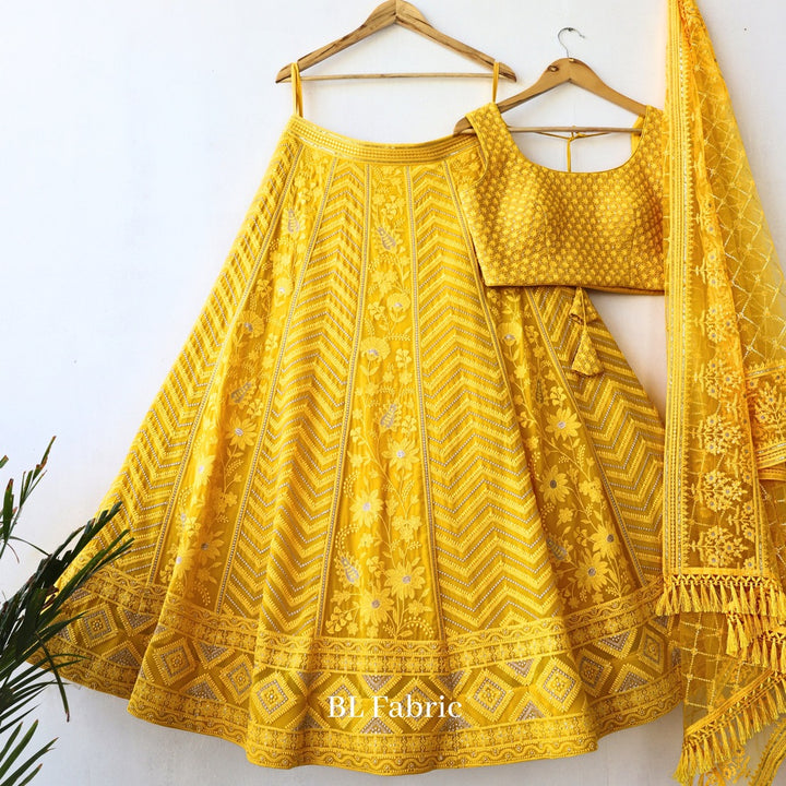 Yellow color Designer Embroidery & Mirror work Lehenga choli for Haldi Function BL1243