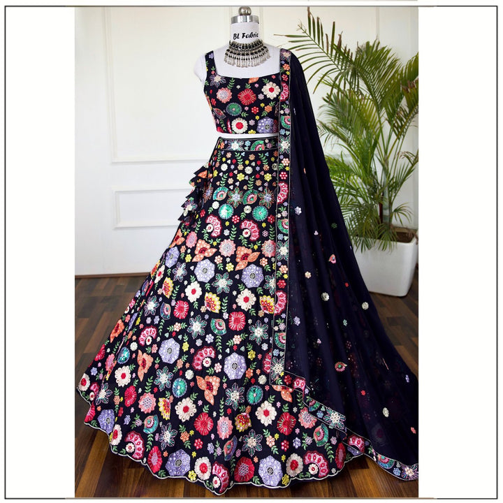 Navy Blue color Sequence Thread Embroidery work Designer Lehenga choli for Wedding Function BL1433 1