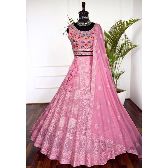 Pink Color Sequence Emoridery Net Lehenga main image 1