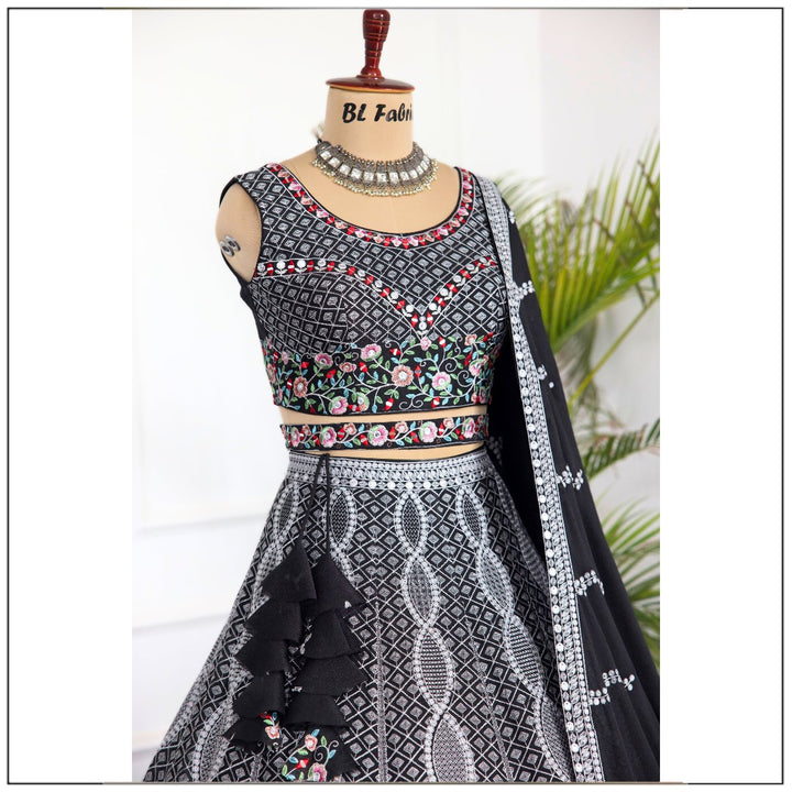 Black color Real Mirror & Embroidery & Sequence work Designer Lehenga Choli for Wedding Function BL1461 2