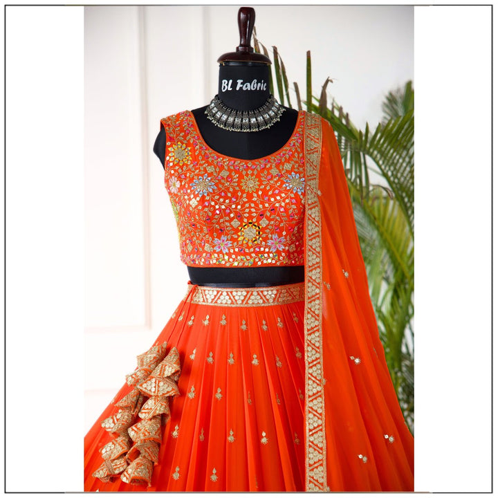 Orange color Real Mirror Embroidery work Designer Lehenga Choli for Wedding Function BL1467 1