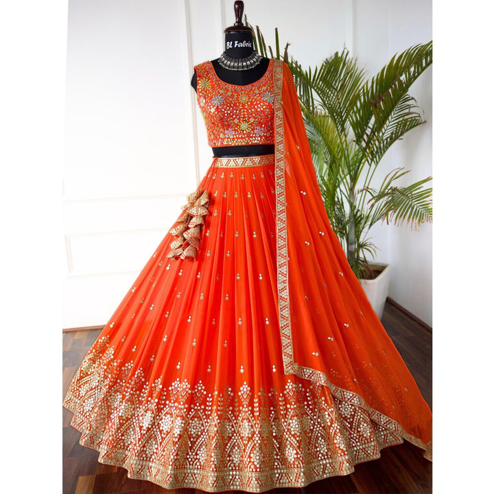 Orange color Real Mirror Embroidery work Designer Lehenga Choli for Wedding Function BL1467