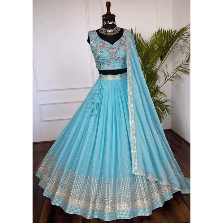 Skyblue color Real Mirror & Thread Embroidery work Designer Lehenga Choli for Wedding Function BL1472