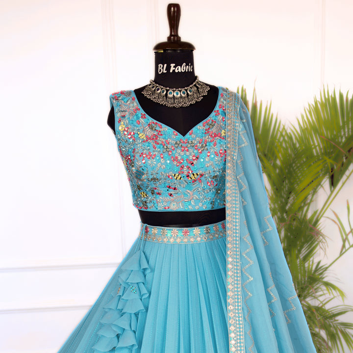 Skyblue color Real Mirror & Thread Embroidery work Designer Lehenga Choli for Wedding Function BL1472 1