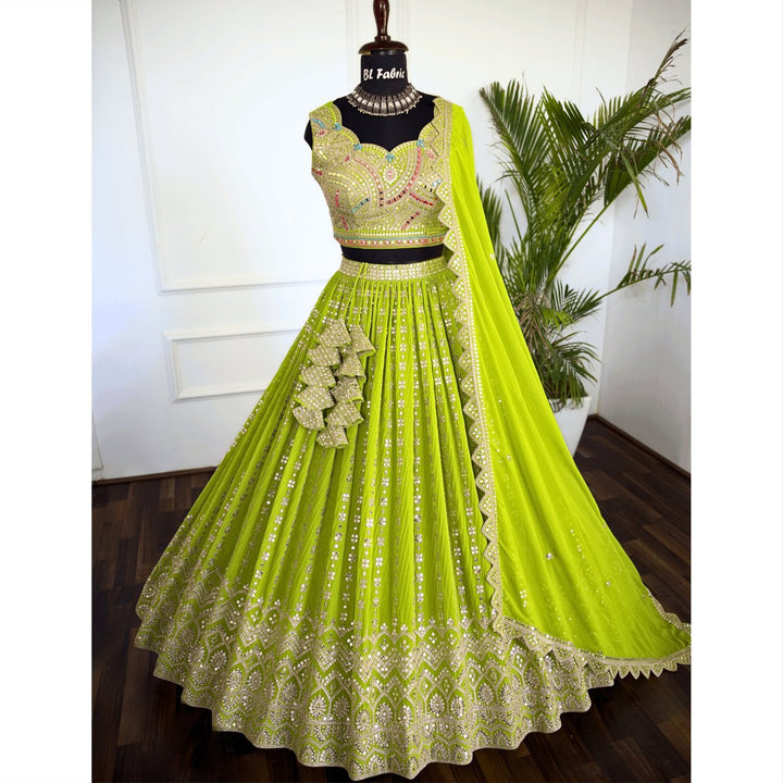 Parrot Green color Sequence Thread work Designer Wedding Lehenga Choli For Wedding Function BL1487