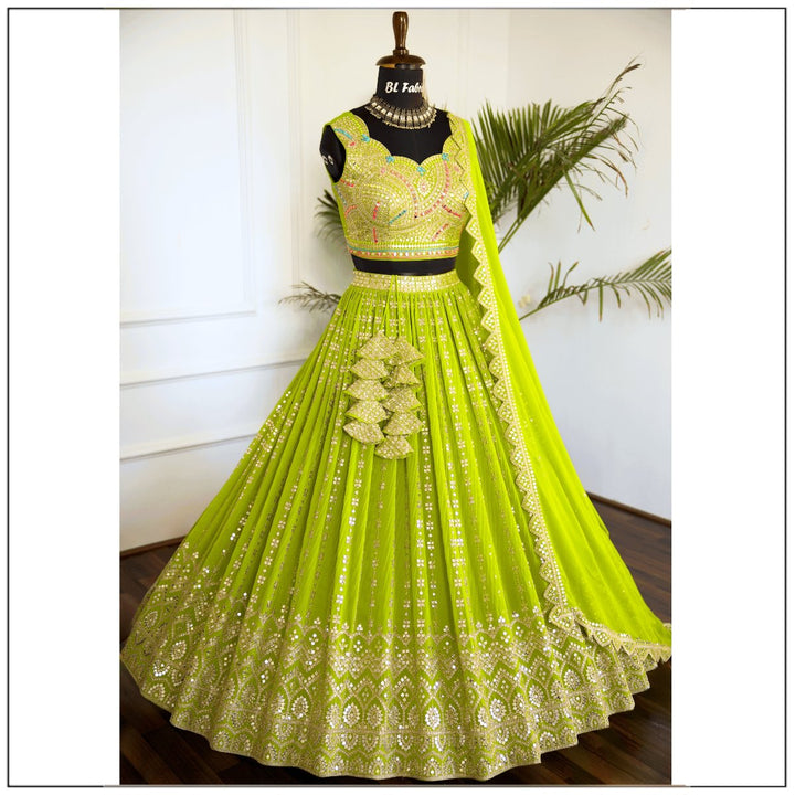 Parrot Green color Sequence Thread work Designer Wedding Lehenga Choli For Wedding Function BL1487 2