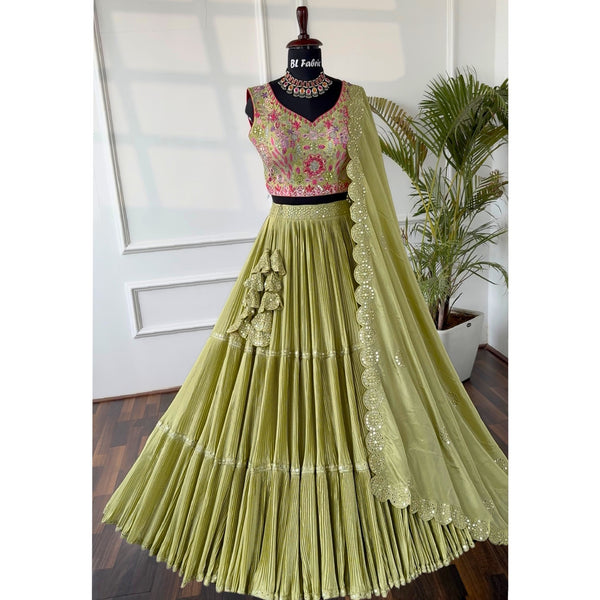 Pastal Green color Crush & Mirror Embroidery work Ruffle Style Lehenga Choli BL1546