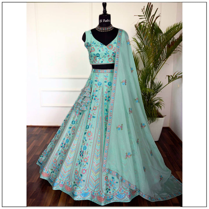 Light Green color Sequence Embroidery work Designer Lehenga Choli for Wedding Function BL1435 1