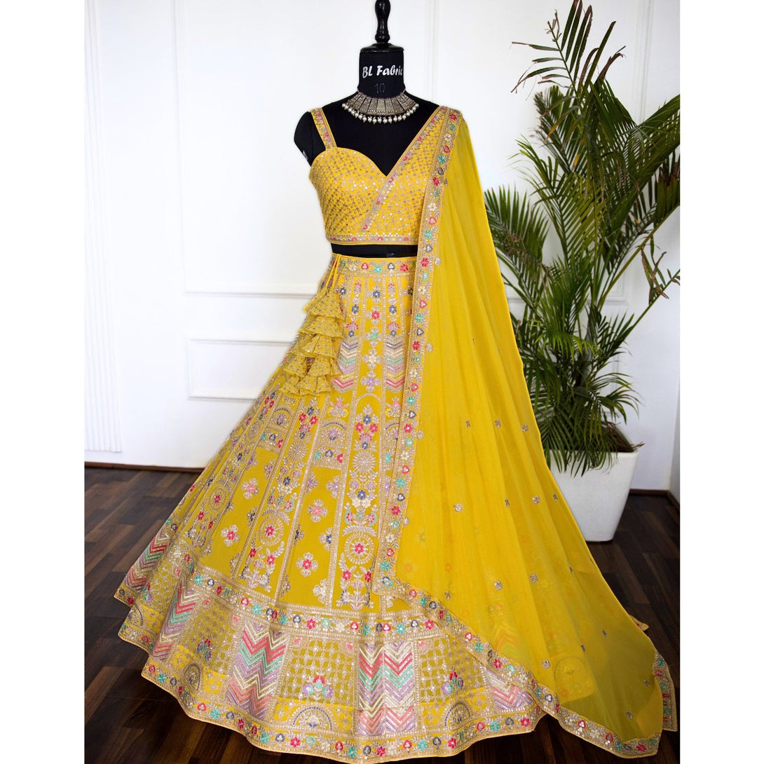 Yellow color Sequence Embroidery work Designer Lehenga choli for Wedding Function BL1438 