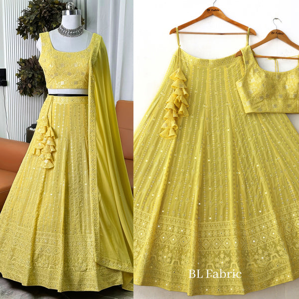 Lemon yellow color Sequence & Thread Embroidery work Designer Wedding Lehenga Choli BL1327
