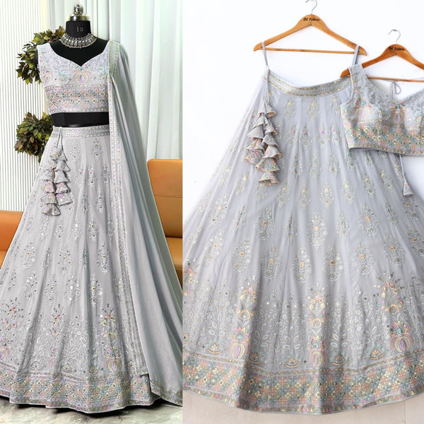 Grey color Sequence & Mirror Embroidery work Designer Wedding Lehenga Choli BL1323