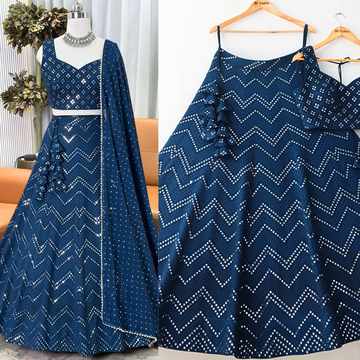 Blue Color Mirror Embroidery Work Designer Lehenga Choli For Wedding Blue Color Mirror Embroidery Work Designer Lehenga Choli For Wedding