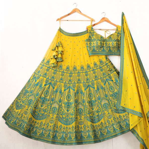 Lemon Yellow color Crush Fabric Embroidery work Designer Lehenga Choli for Any Function BL1352