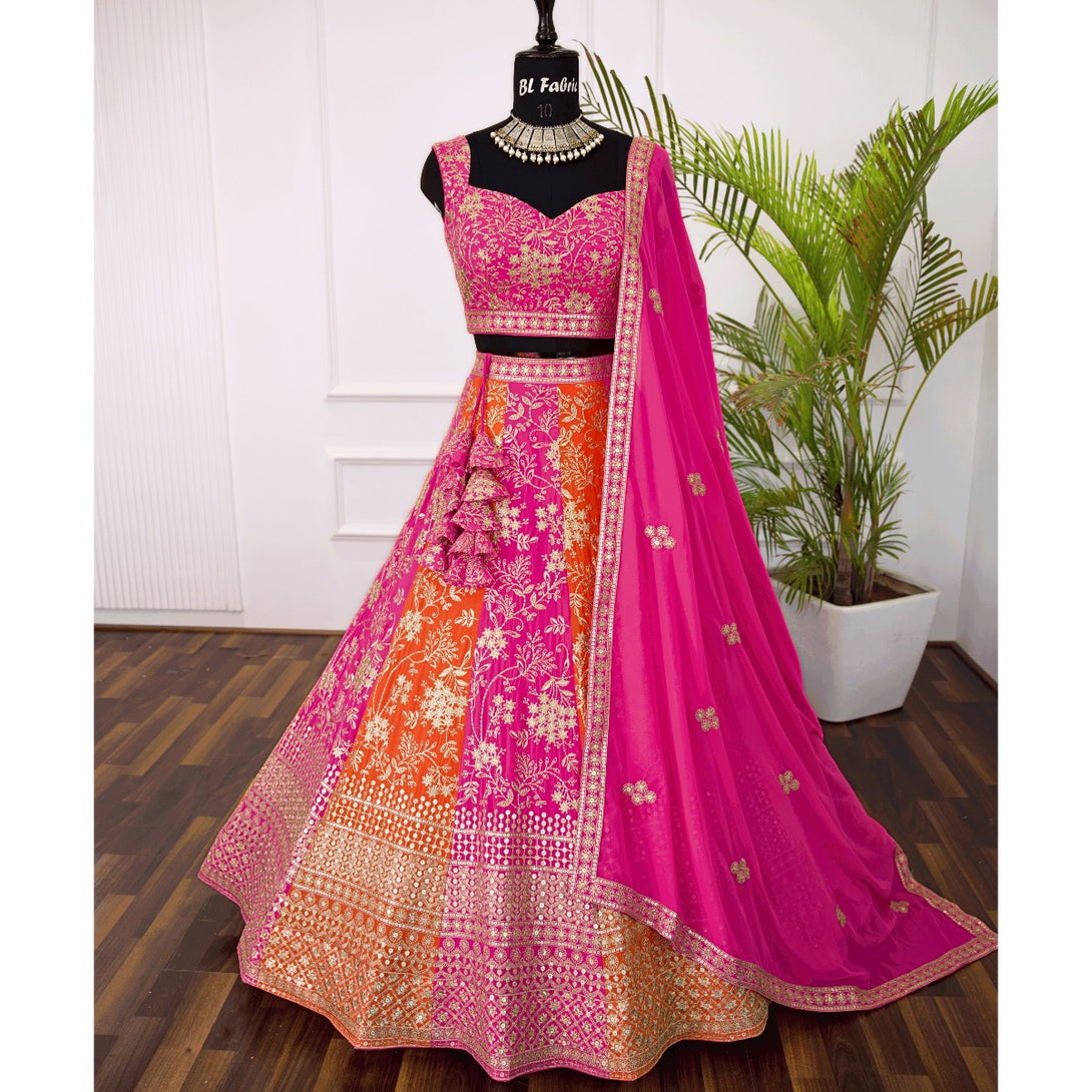 Pink Orange color Sequence Embroidery work Designer Lehenga
