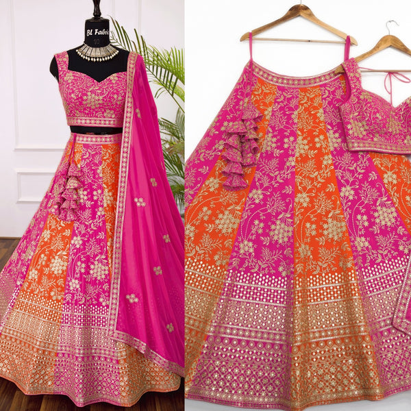 Pink & Orange color Sequence Embroidery work Designer Lehenga Choli for Wedding & Haldi Function BL1386